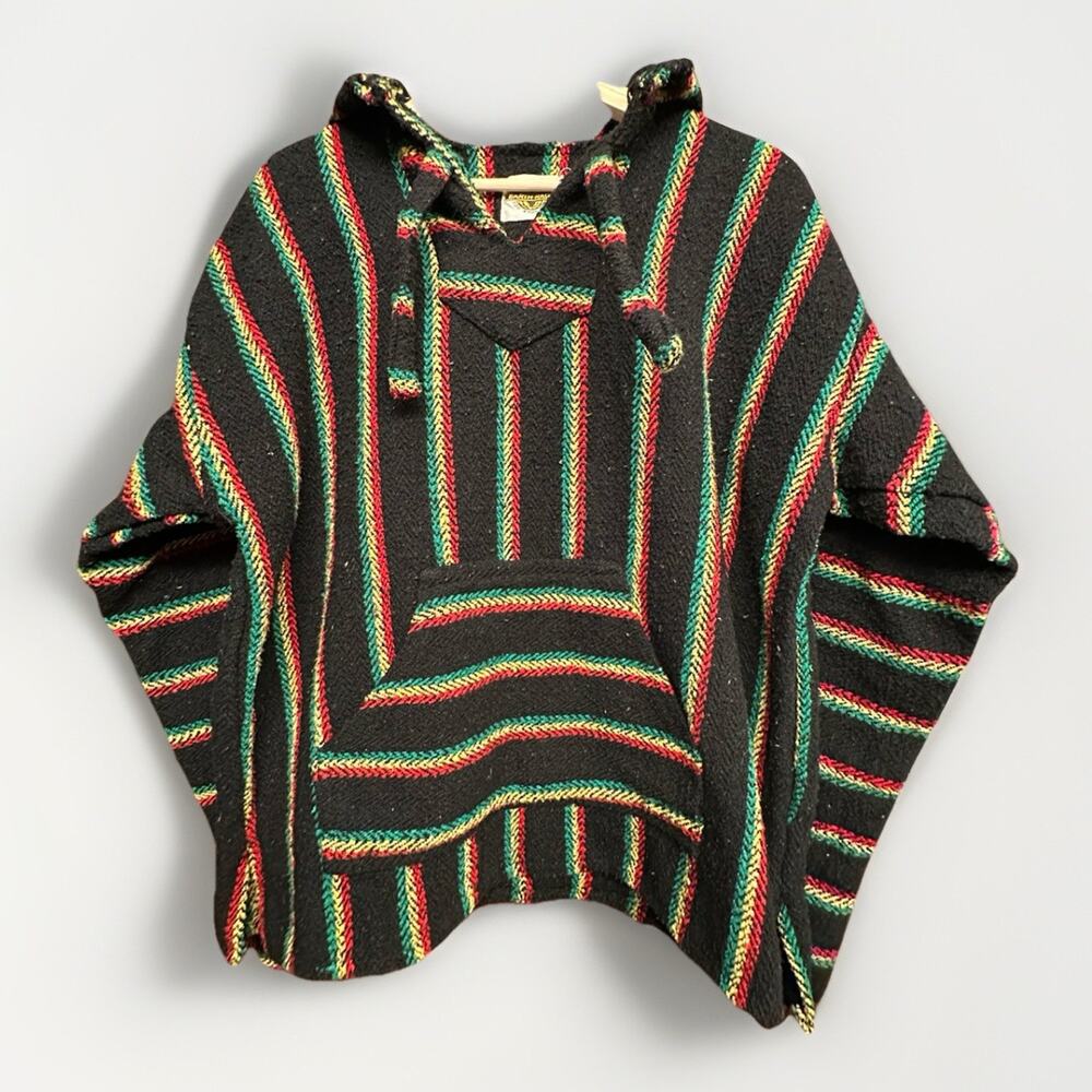Earth Ragz Y2K Rasta Baja Hoodie Black Multicolor Woven Jerga Sweater L